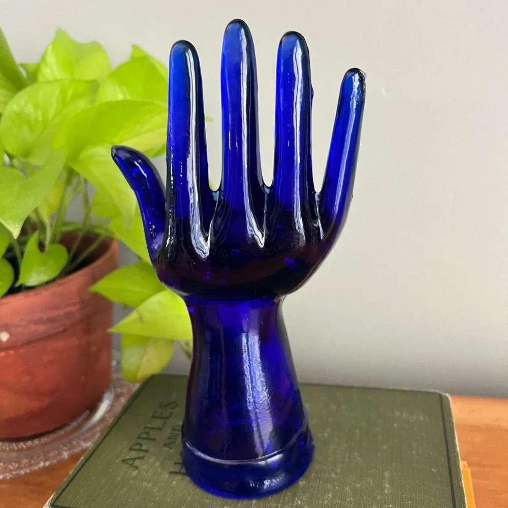 Vintage Cobalt Blue Glass Hand Ring Display Jewelry Holder 8 Inch